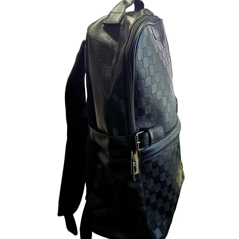 Black Checkered Faux Leather Laptop Backpack Travel Business School New